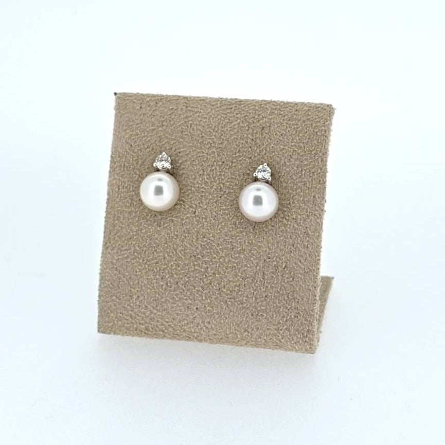 Diamond Pearl Stud Earrings AAA Quality Akoya Pearls 8.0mm - 8.5mm