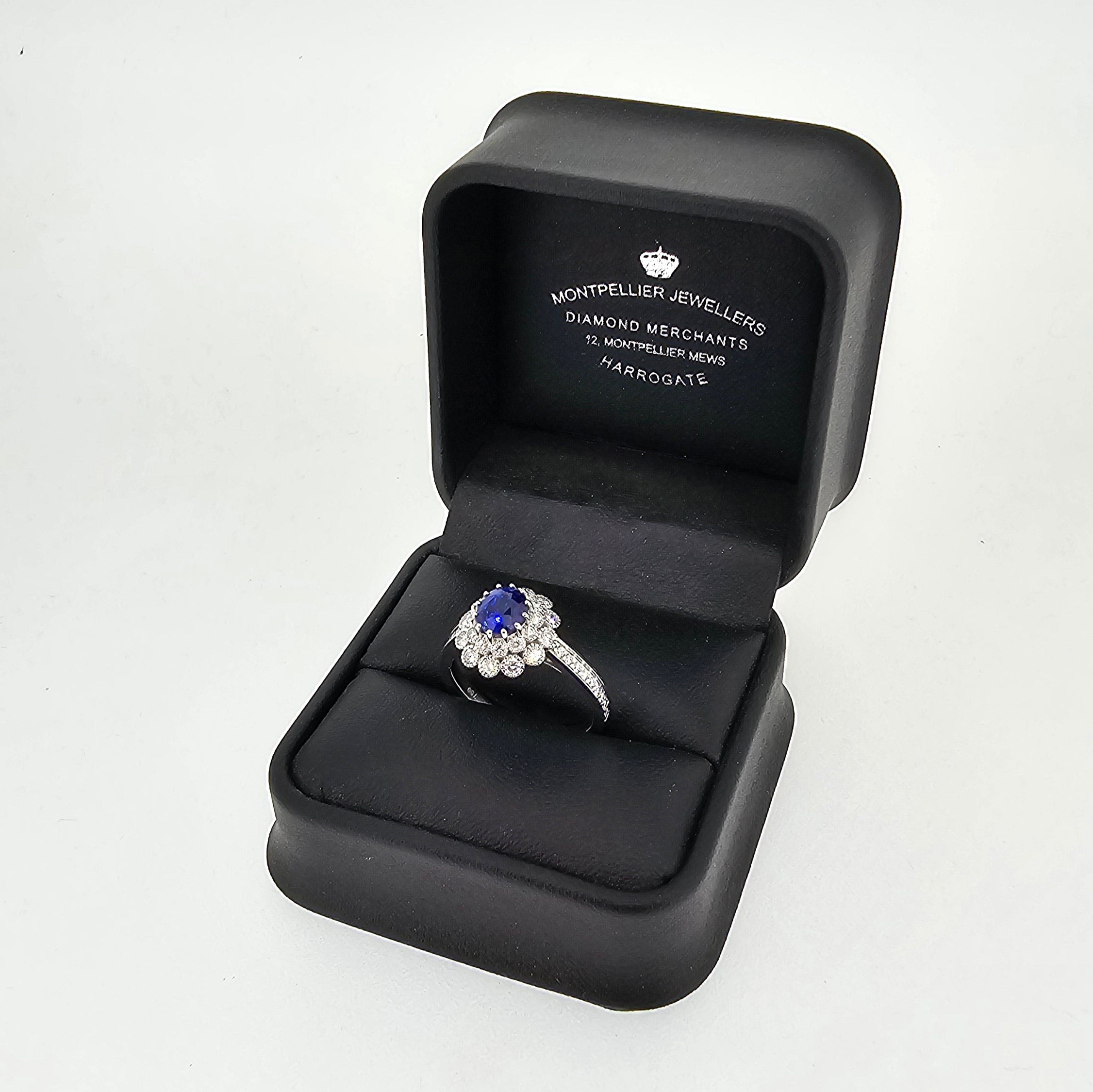 Oval Cut Sapphire & Diamond Fancy Double Cluster Ring with Diamond Shoulders Set in 18ct White Gold