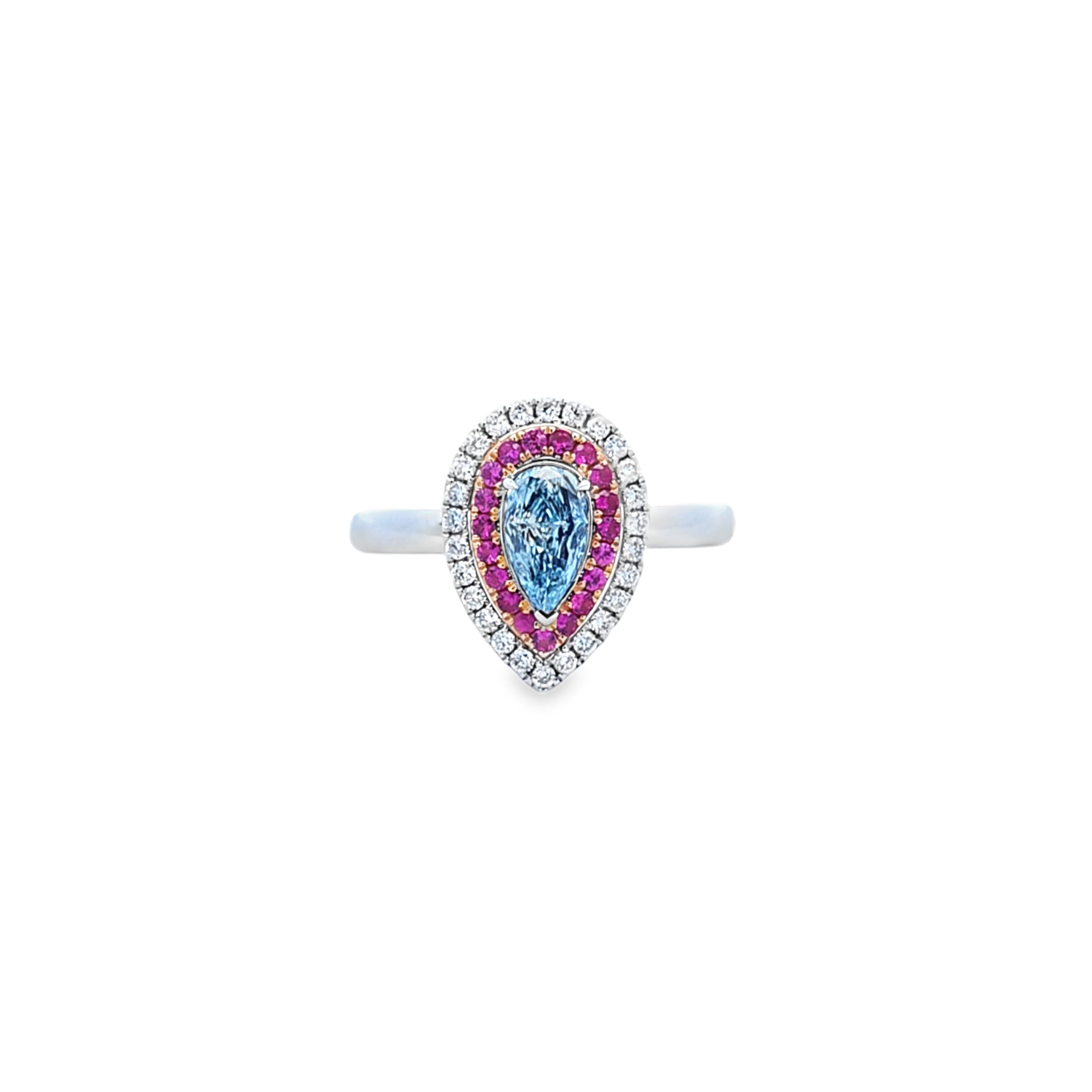 GIA 0.38ct Fancy Green-Blue Pear Cut Diamond Halo Ring Set in 18ct White Gold