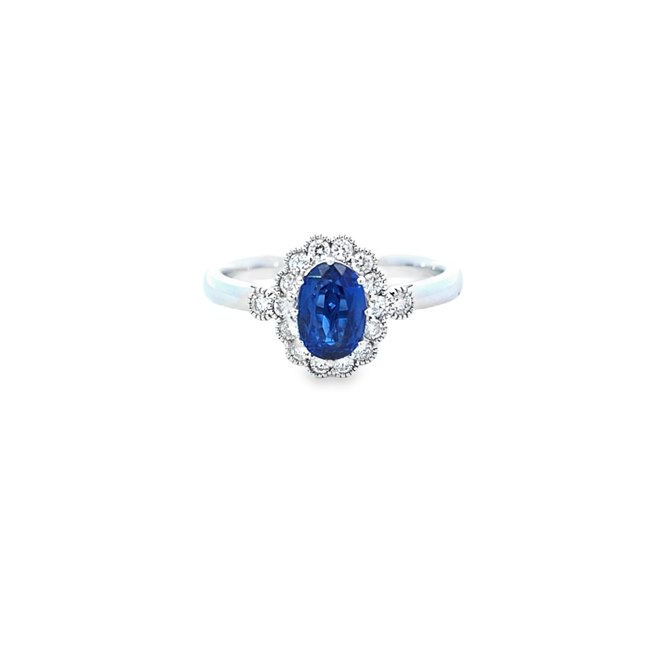 Oval Cut Sapphire & Diamond Fancy Cluster Ring Set in 18ct White Gold