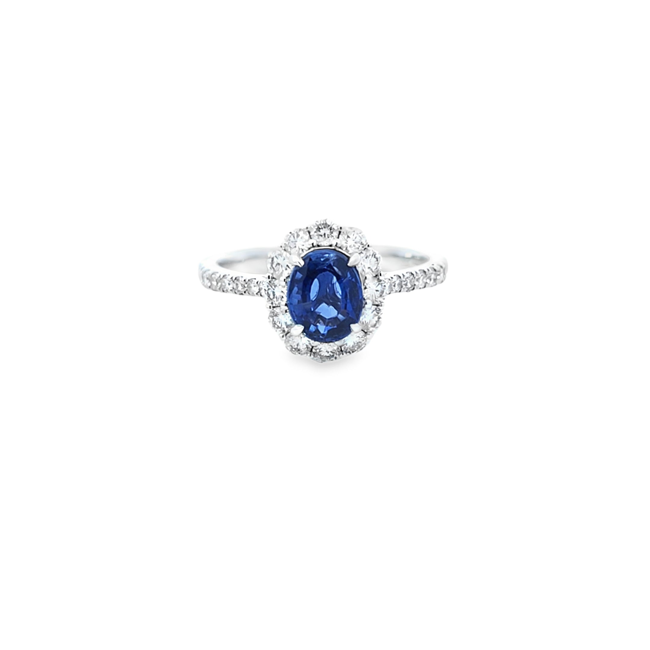 Oval Cut Sapphire & Diamond Cluster Ring with Diamond Shoulders Set in 18ct White Gold