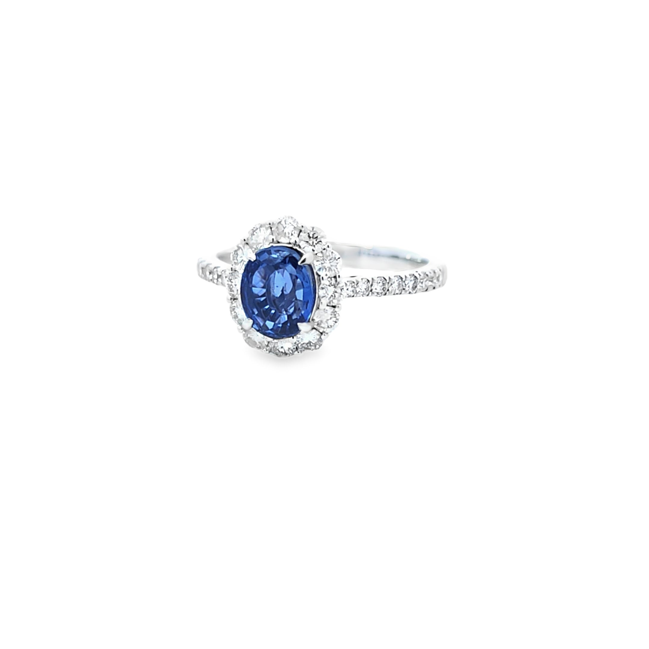 Oval Cut Sapphire & Diamond Cluster Ring with Diamond Shoulders Set in 18ct White Gold