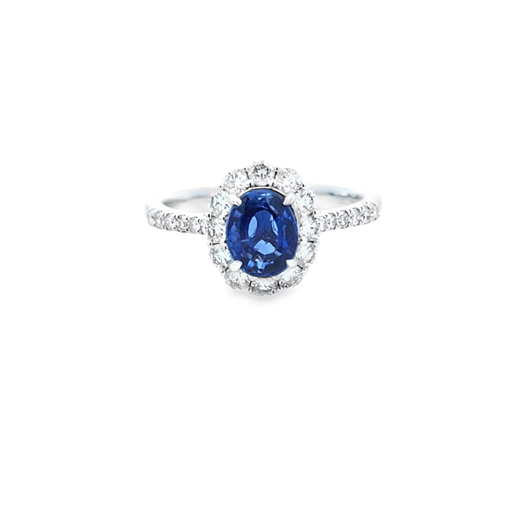 Oval Cut Sapphire & Diamond Cluster Ring with Diamond Shoulders Set in 18ct White Gold