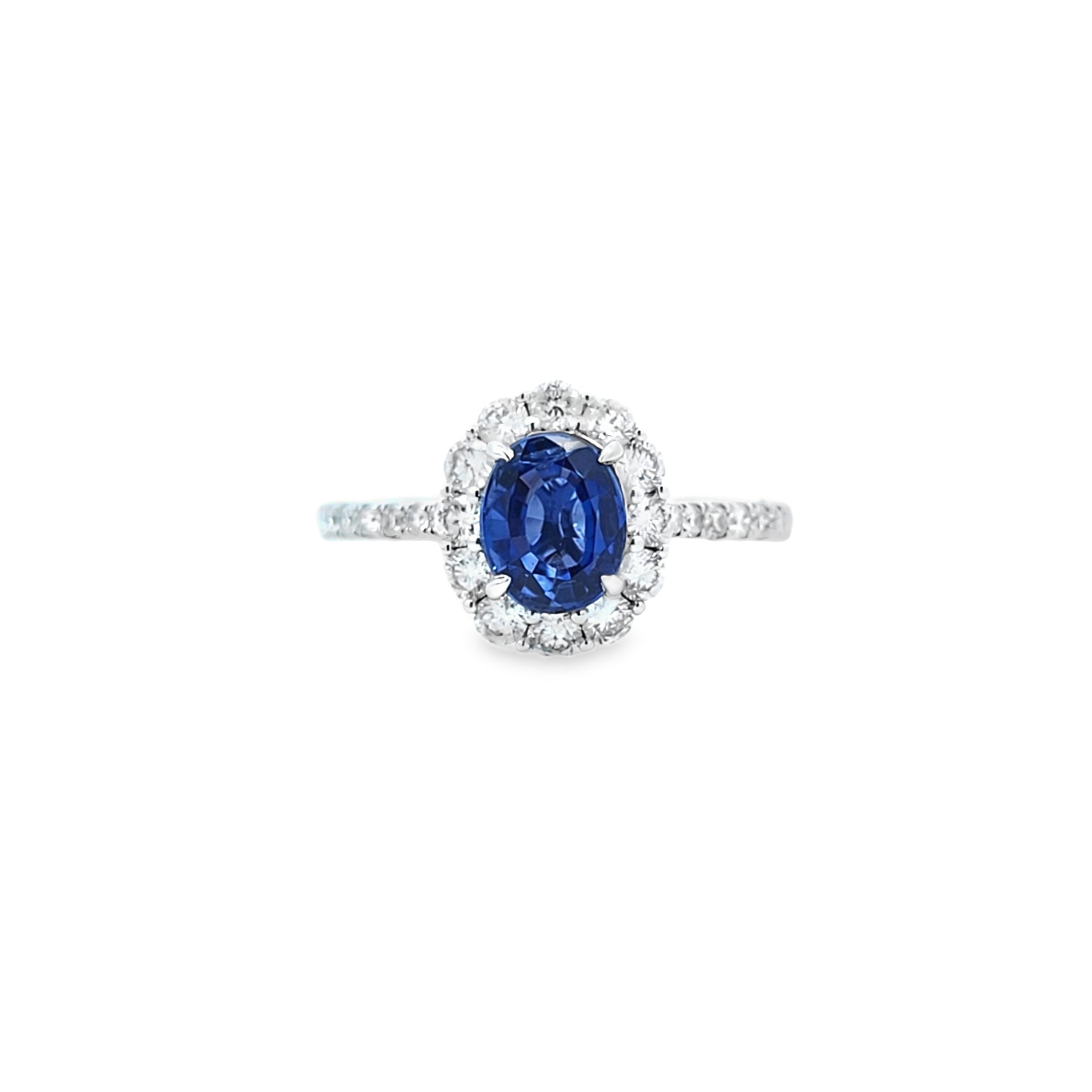 Oval Cut Sapphire & Diamond Cluster Ring with Diamond Shoulders Set in 18ct White Gold