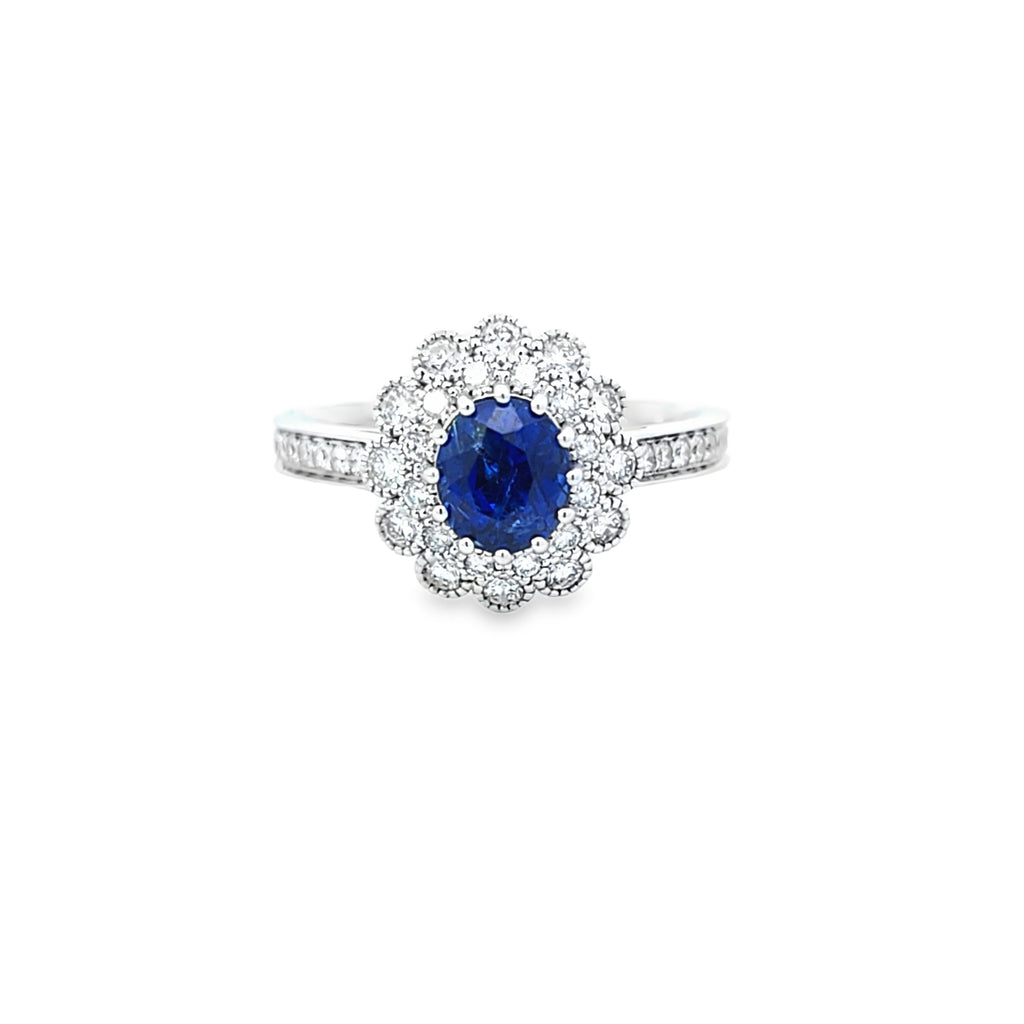 Oval Cut Sapphire & Diamond Fancy Double Cluster Ring with Diamond Shoulders Set in 18ct White Gold