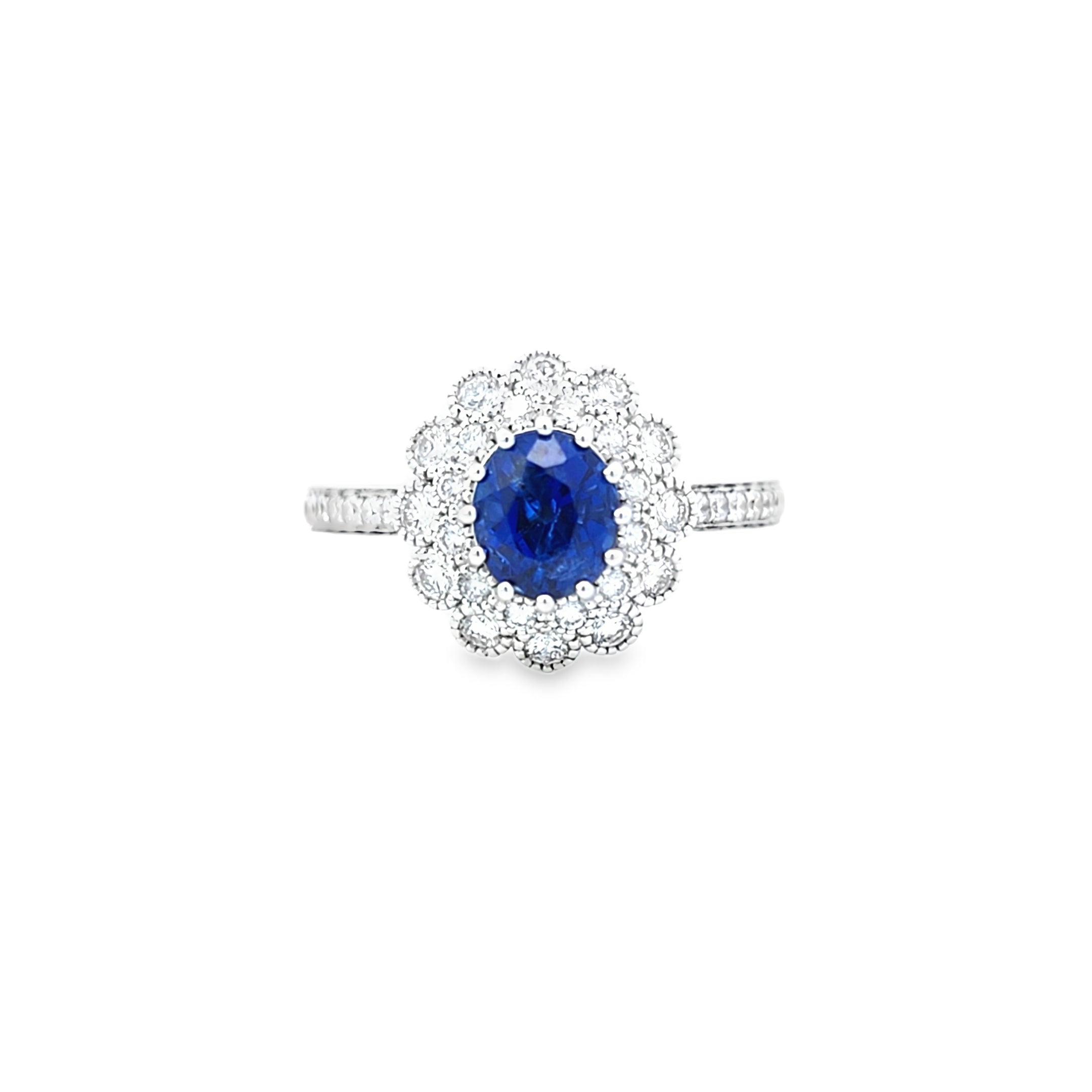 Oval Cut Sapphire & Diamond Fancy Double Cluster Ring with Diamond Shoulders Set in 18ct White Gold