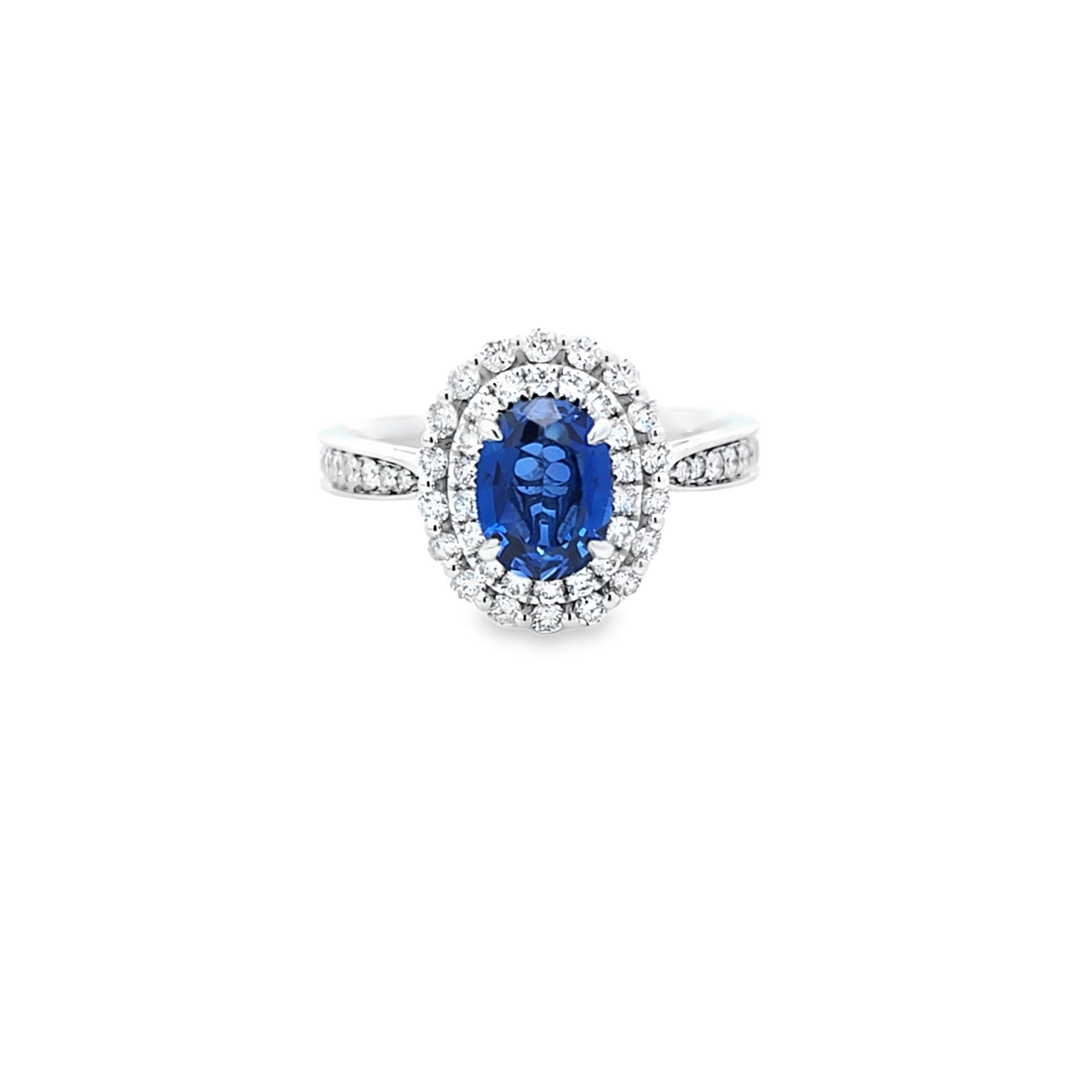 Oval Cut Sapphire & Diamond Fancy Double Cluster Ring with Diamond Shoulders Set in 18ct White Gold