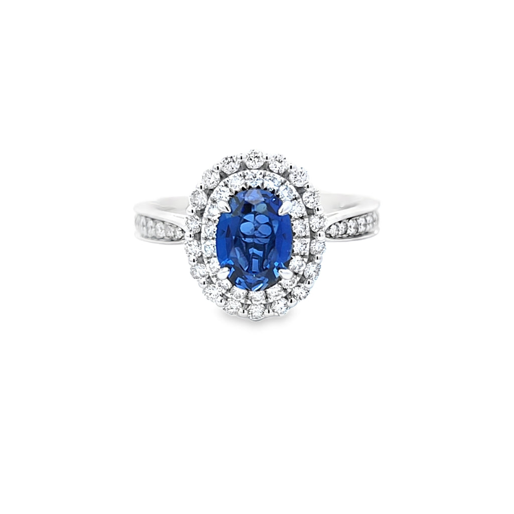 Oval Cut Sapphire & Diamond Fancy Double Cluster Ring with Diamond Shoulders Set in 18ct White Gold