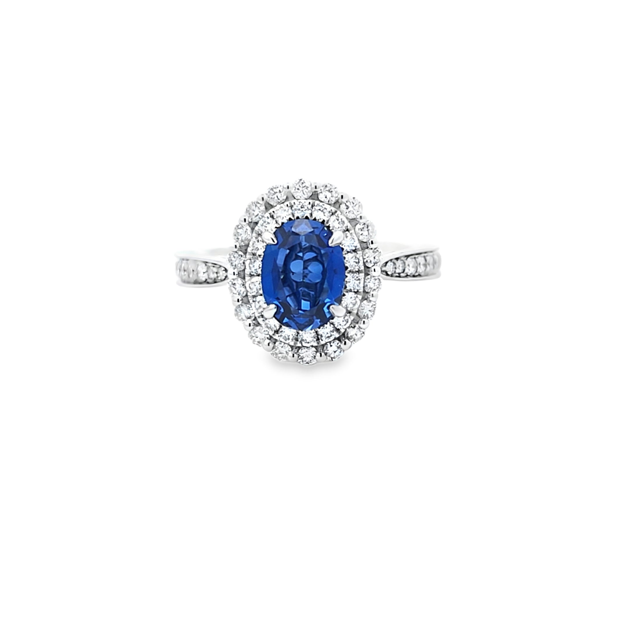 Oval Cut Sapphire & Diamond Fancy Double Cluster Ring with Diamond Shoulders Set in 18ct White Gold