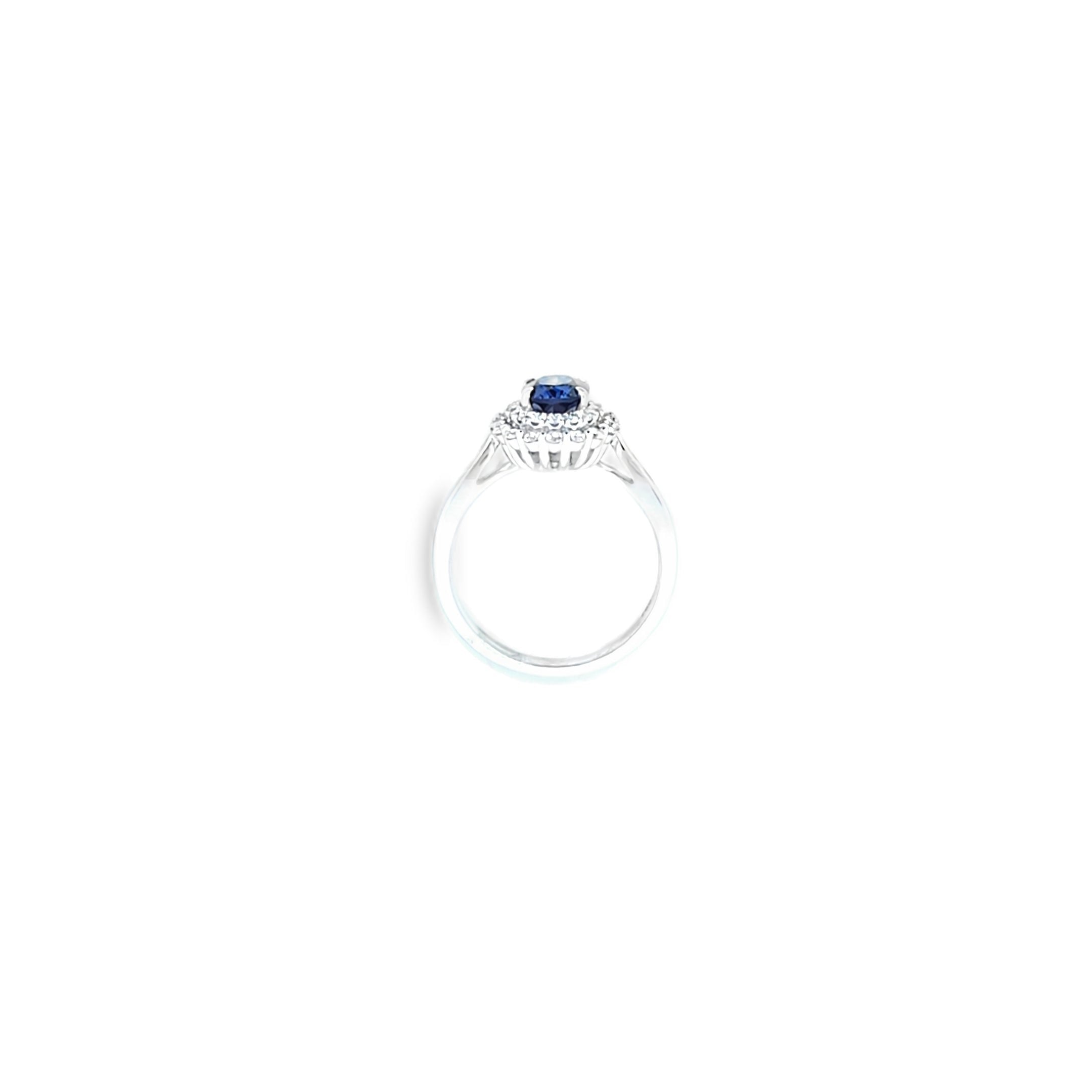 Oval Cut Sapphire & Diamond Fancy Double Cluster Ring with Diamond Shoulders Set in 18ct White Gold