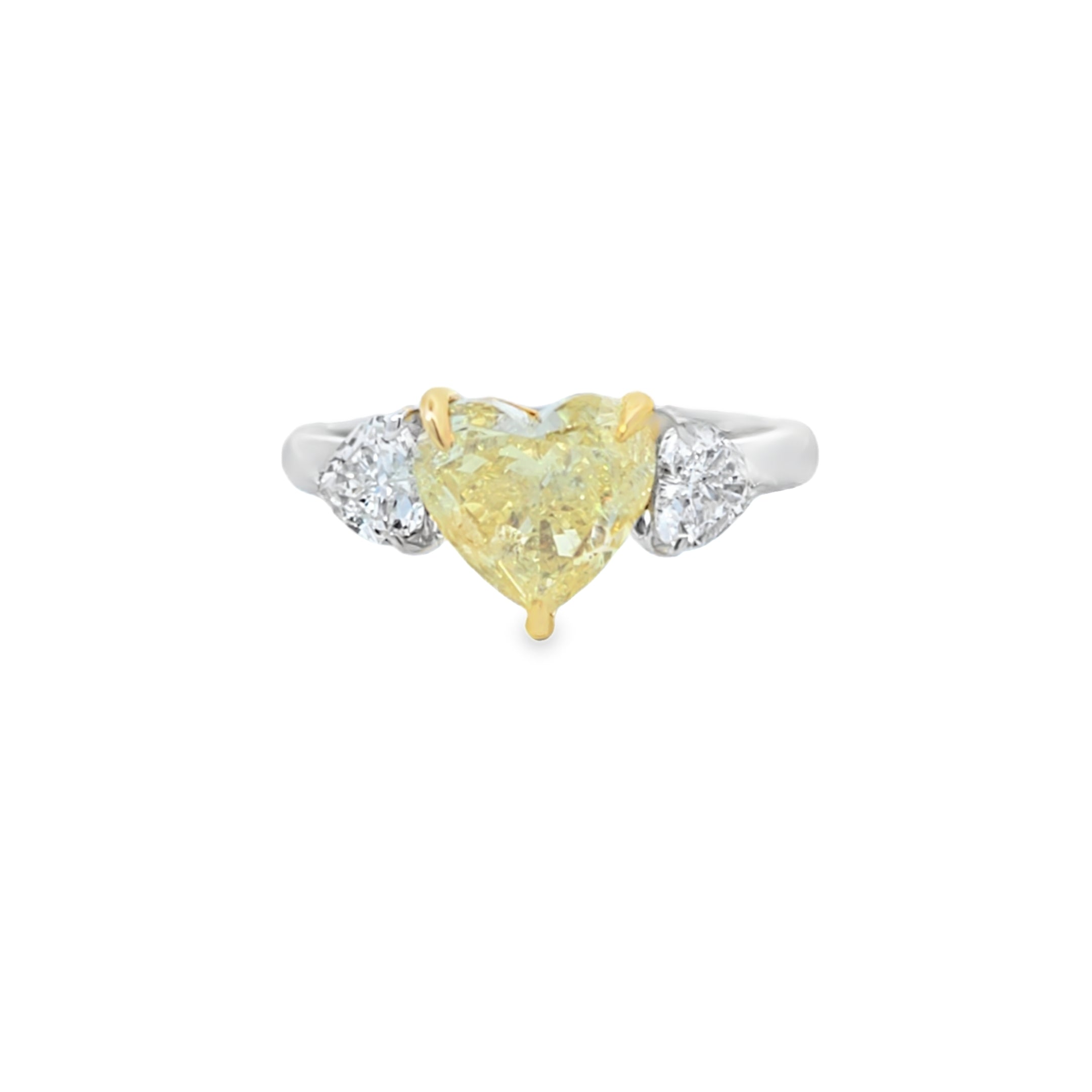 GIA 2.40ct Fancy Intense Yellow Heart Shaped Diamond Ring with Heart Shaped Side Stones Set in 18ct Gold