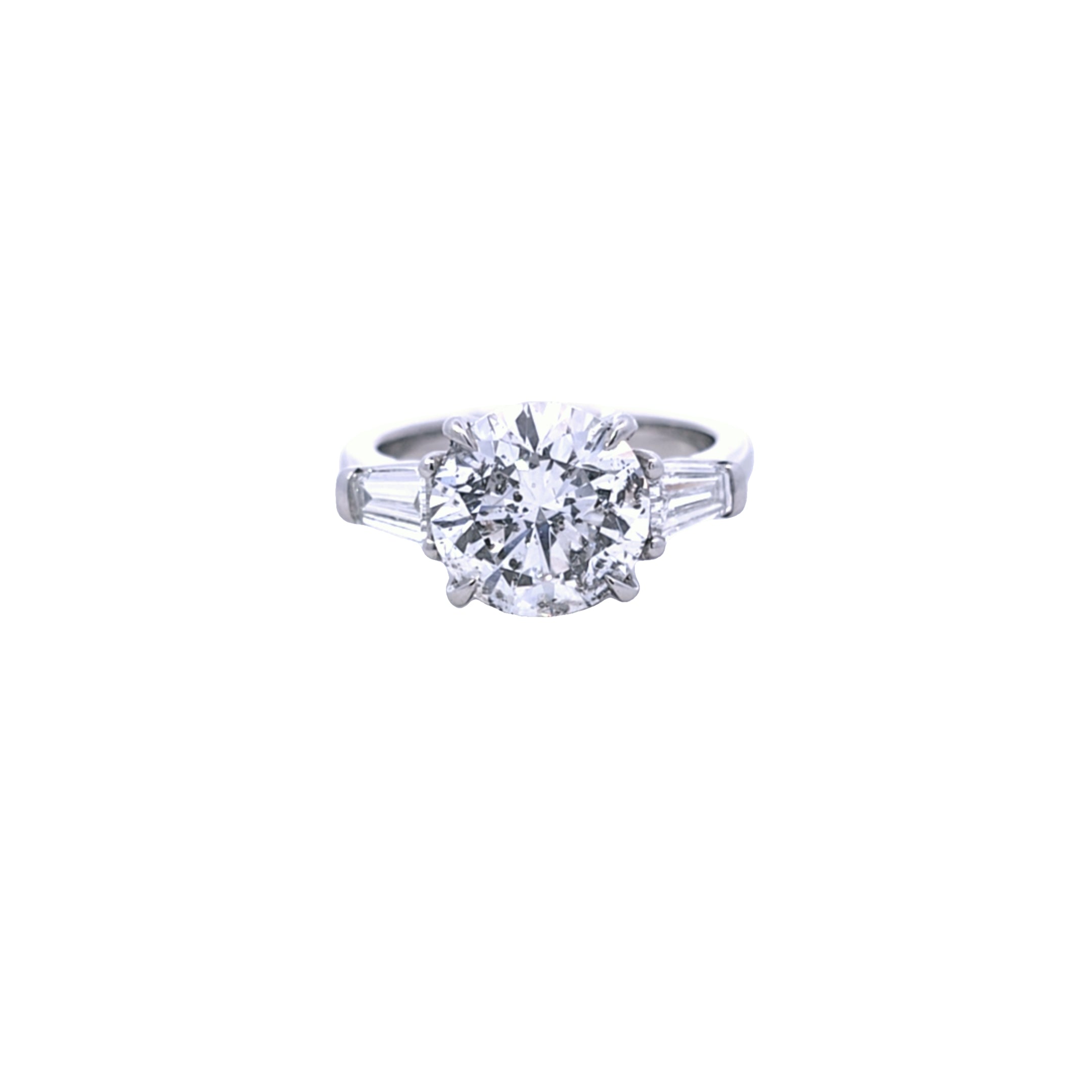 3.70ct G/SI Round Brilliant Cut Diamond Solitaire Ring with Tapered Baguette Shoulders Set in Platinum