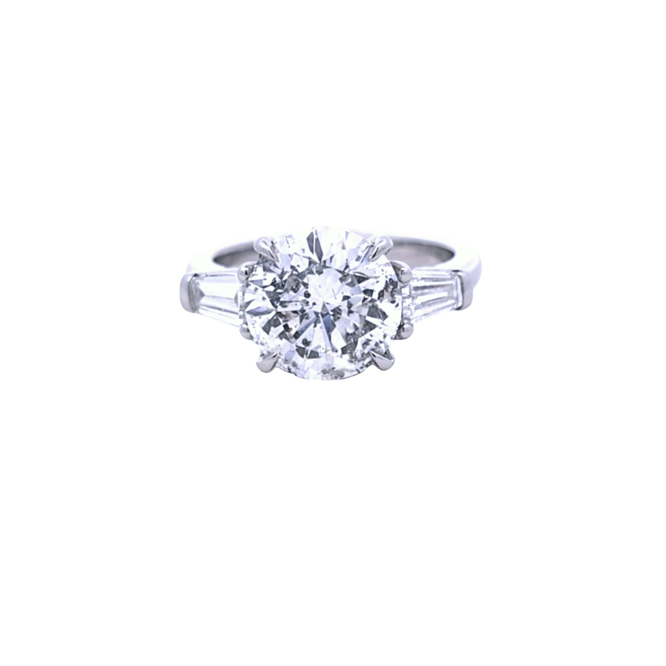 3.70ct G/SI Round Brilliant Cut Diamond Solitaire Ring with Tapered Baguette Shoulders Set in Platinum